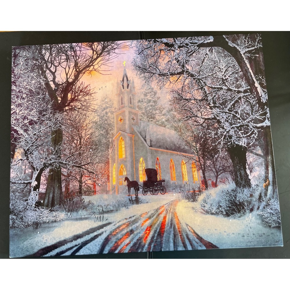 Lighted Winter Church Scene LED Canvas Wall Art Horse Carriage Holiday - Picture 4 of 15
